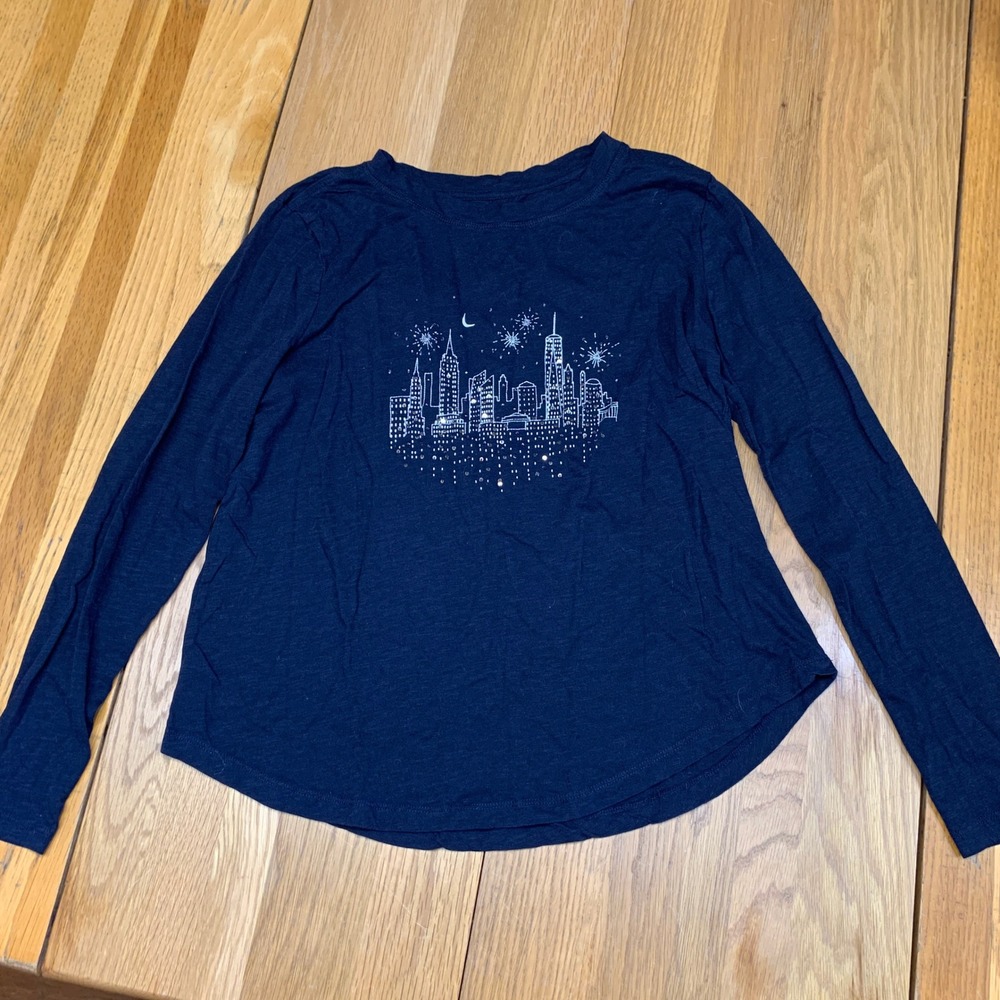 LOFT Navy Blue NYC Skyline Sequin Long Sleeve Cotton Graphic Tee Shirt Medium‎